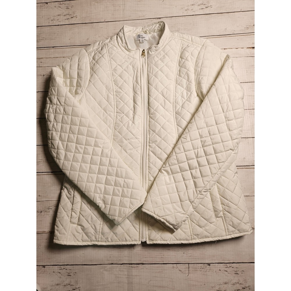 Kim Rogers‎ Women White Quilted Zip Up Jacket Mock Neck Lightweight Size Medium